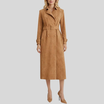 Damen Goatsuede Trenchcoat Camel – Taillierter Langmantel mit Gürtel