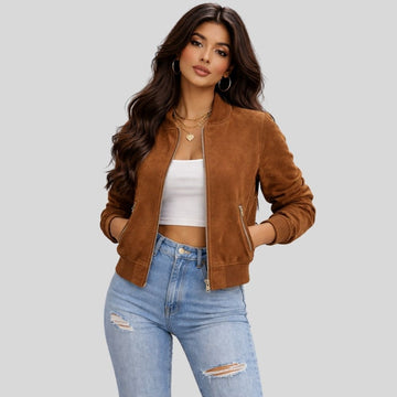 Damen Braun Goatsuede Bomberjacke – Slim Fit Arlina