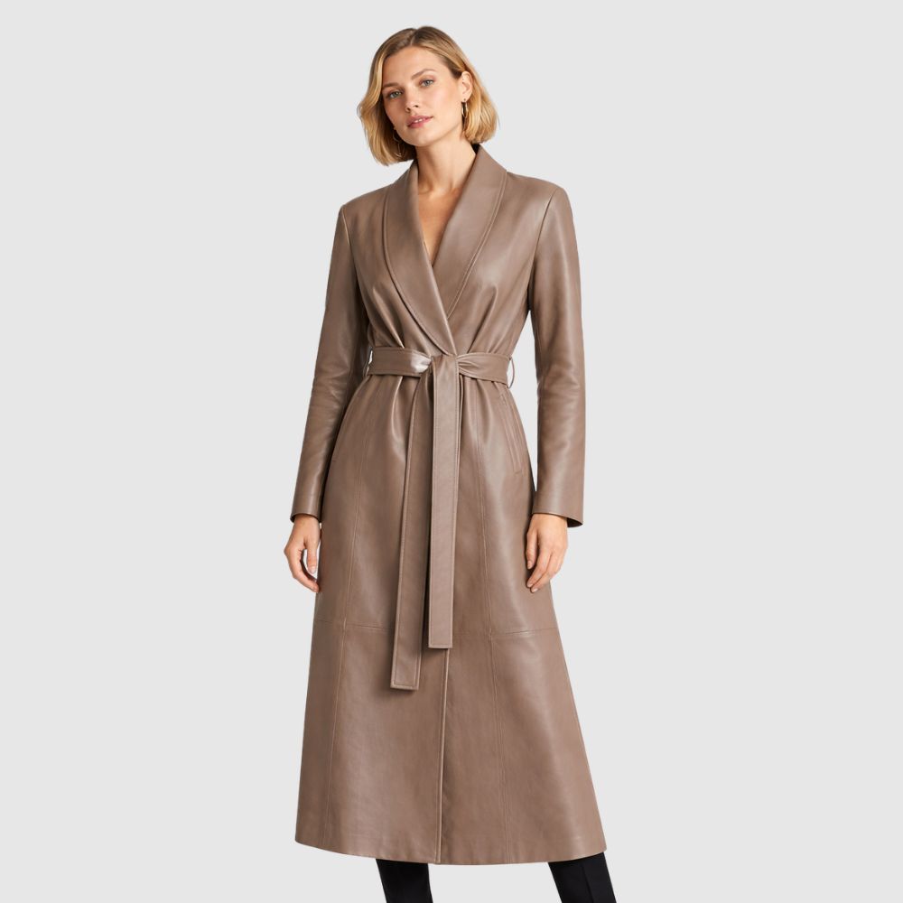 Damen Taupe Leder Trenchcoat – Gürtel