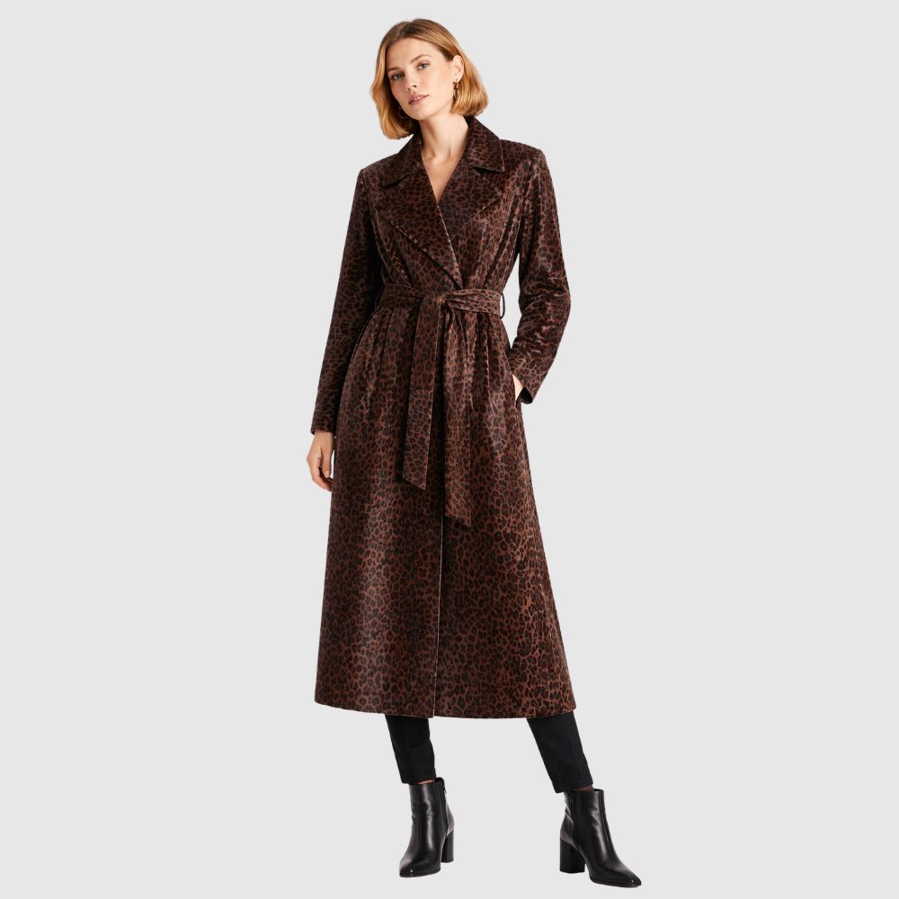 Damen Leopard Leder Trenchcoat – Gürtel