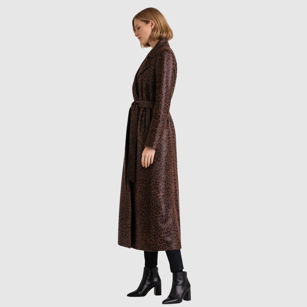Damen Leopard Leder Trenchcoat – Gürtel