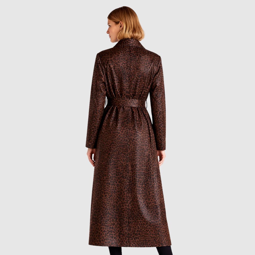 Damen Leopard Leder Trenchcoat – Gürtel