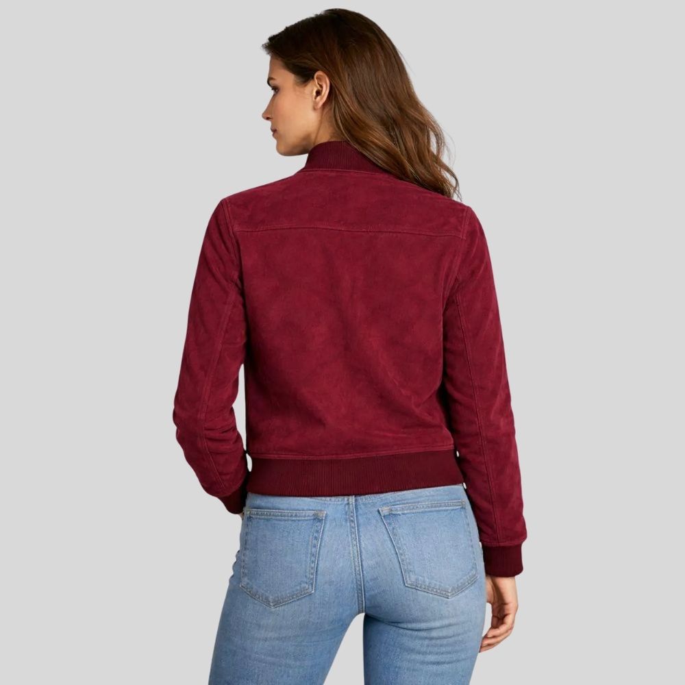 Damen Goatsuede Bomberjacke Burgunder Cropped Fit Modern – RougeVibe
