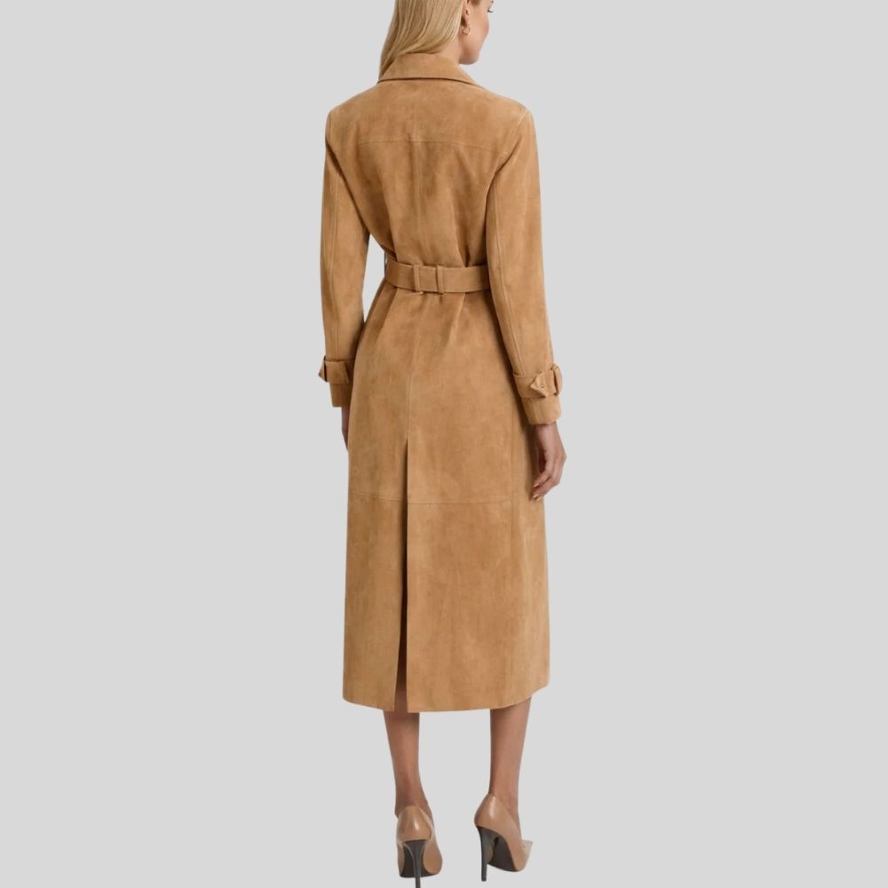 Damen Goatsuede Trenchcoat Camel – Taillierter Langmantel mit Gürtel