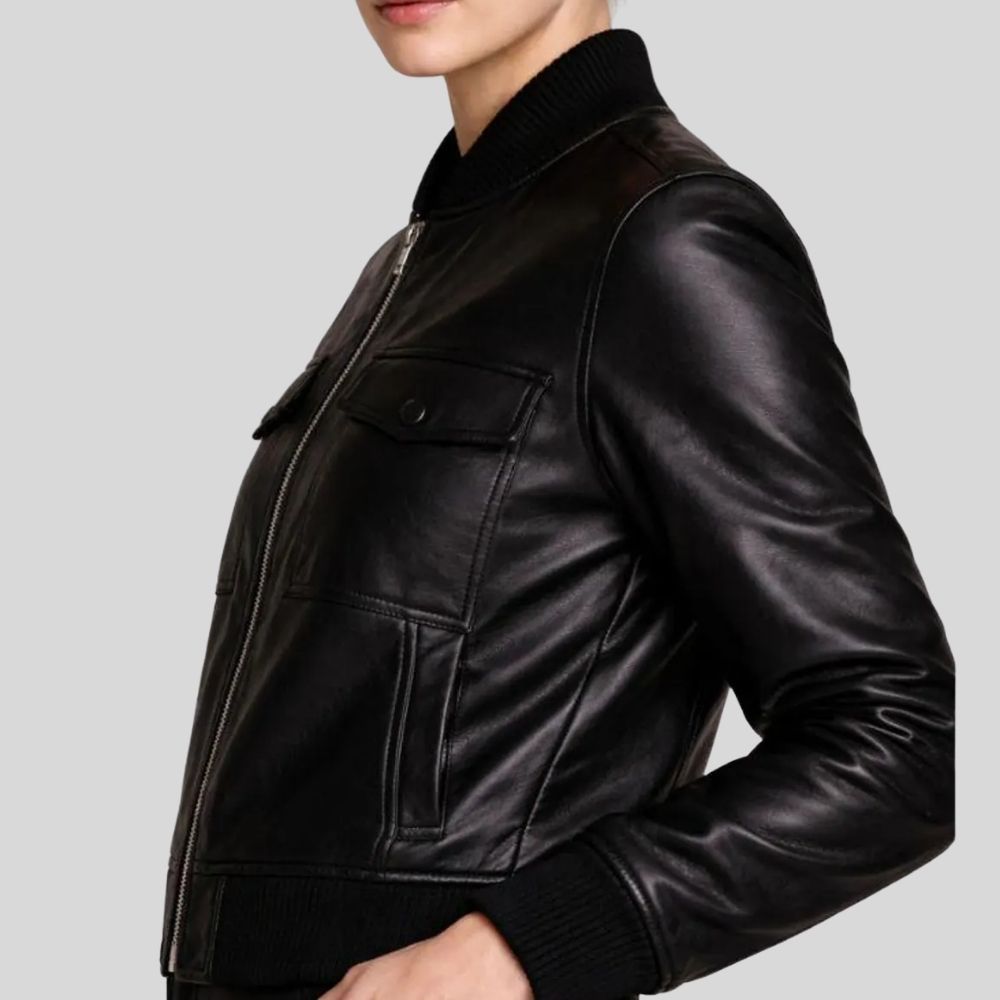 Damen Sheepskin Leder Bomberjacke Schwarz – Utility Tailored Fit Jacket