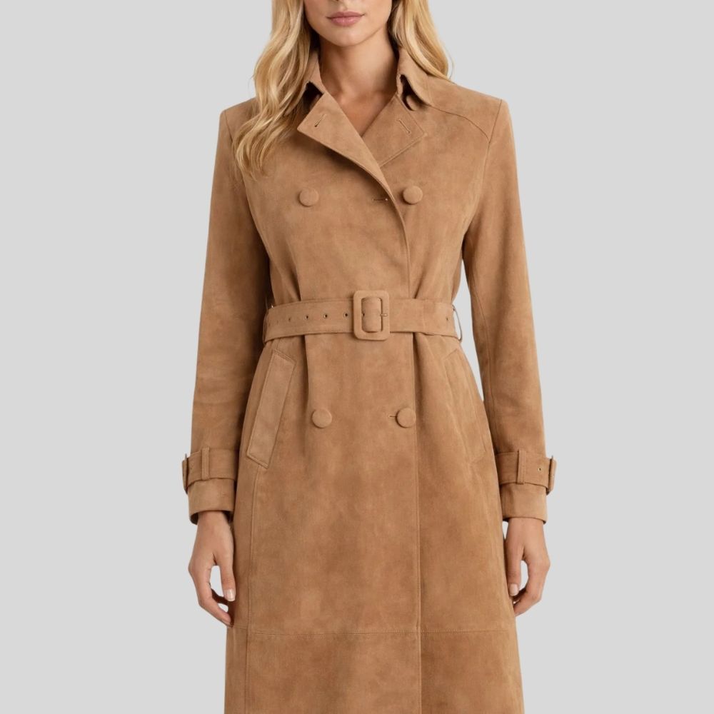 Damen Goatsuede Trenchcoat Camel – Taillierter Langmantel mit Gürtel