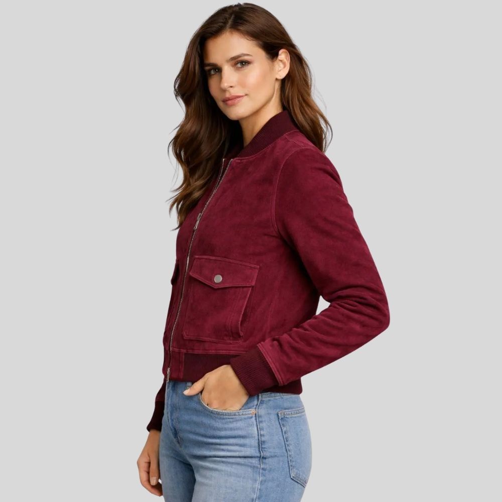 Damen Goatsuede Bomberjacke Burgunder Cropped Fit Modern – RougeVibe