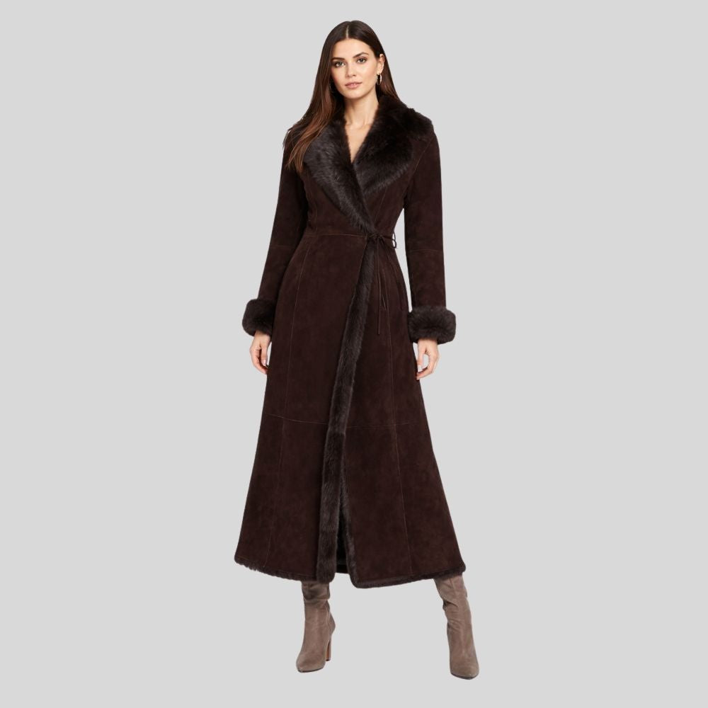Damen Goatsuede Mantel dunkelbraun Lang mit Fellkragen – Veloura Lux