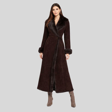 Damen Goatsuede Mantel dunkelbraun Lang mit Fellkragen – Veloura Lux