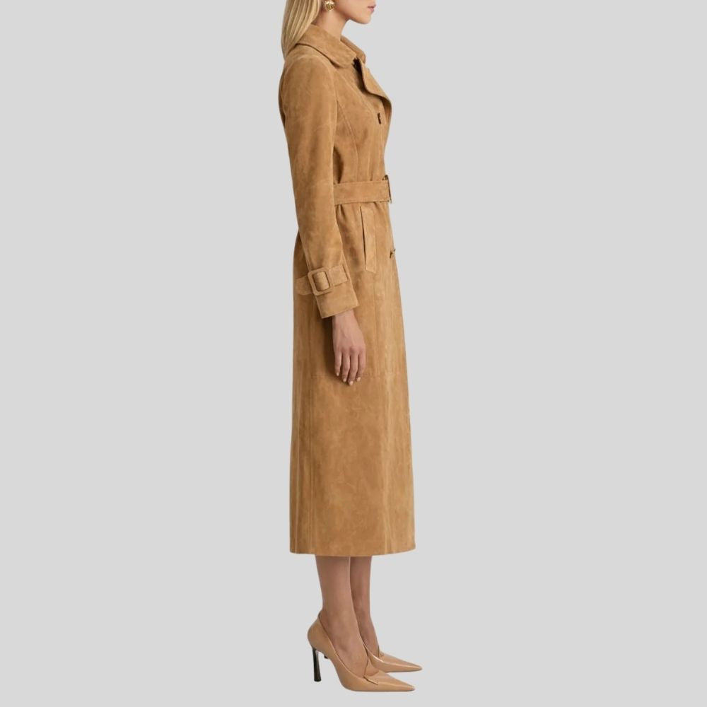 Damen Goatsuede Trenchcoat Camel – Taillierter Langmantel mit Gürtel