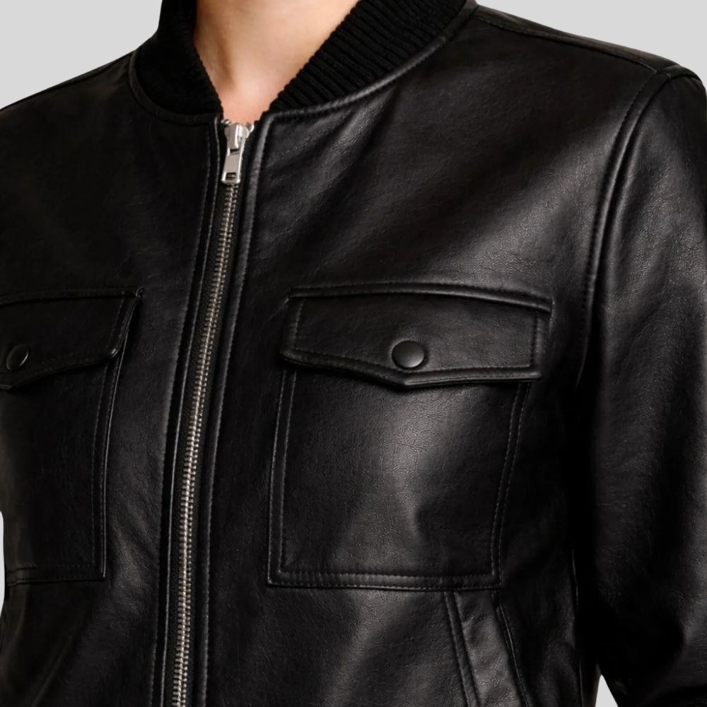 Damen Sheepskin Leder Bomberjacke Schwarz – Utility Tailored Fit Jacket