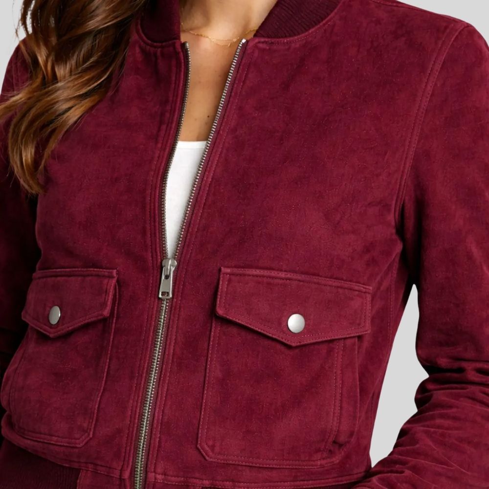 Damen Goatsuede Bomberjacke Burgunder Cropped Fit Modern – RougeVibe