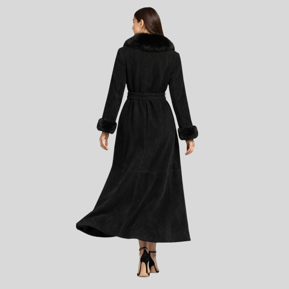Damen Goatsuede Mantel Schwarz Lang mit Fellkragen – NoirVel Luxe