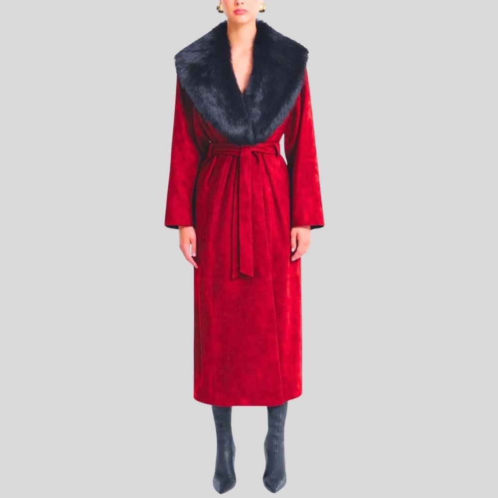 Damen Goatsuede Mantel Rot – Longline Wintermantel mit Faux Fur Kragen