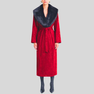Damen Goatsuede Mantel Rot – Longline Wintermantel mit Faux Fur Kragen