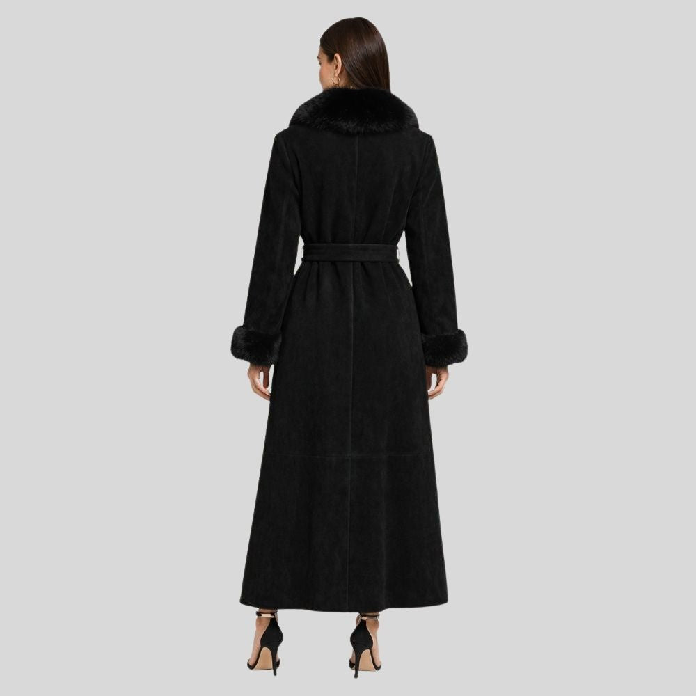 Damen Goatsuede Mantel Schwarz Lang mit Fellkragen – NoirVel Luxe