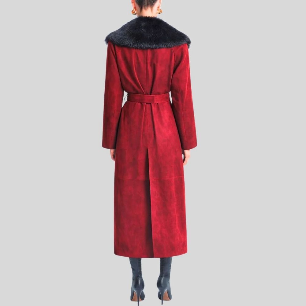 Damen Goatsuede Mantel Rot – Longline Wintermantel mit Faux Fur Kragen