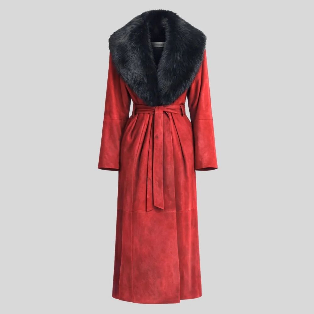Damen Goatsuede Mantel Rot – Longline Wintermantel mit Faux Fur Kragen
