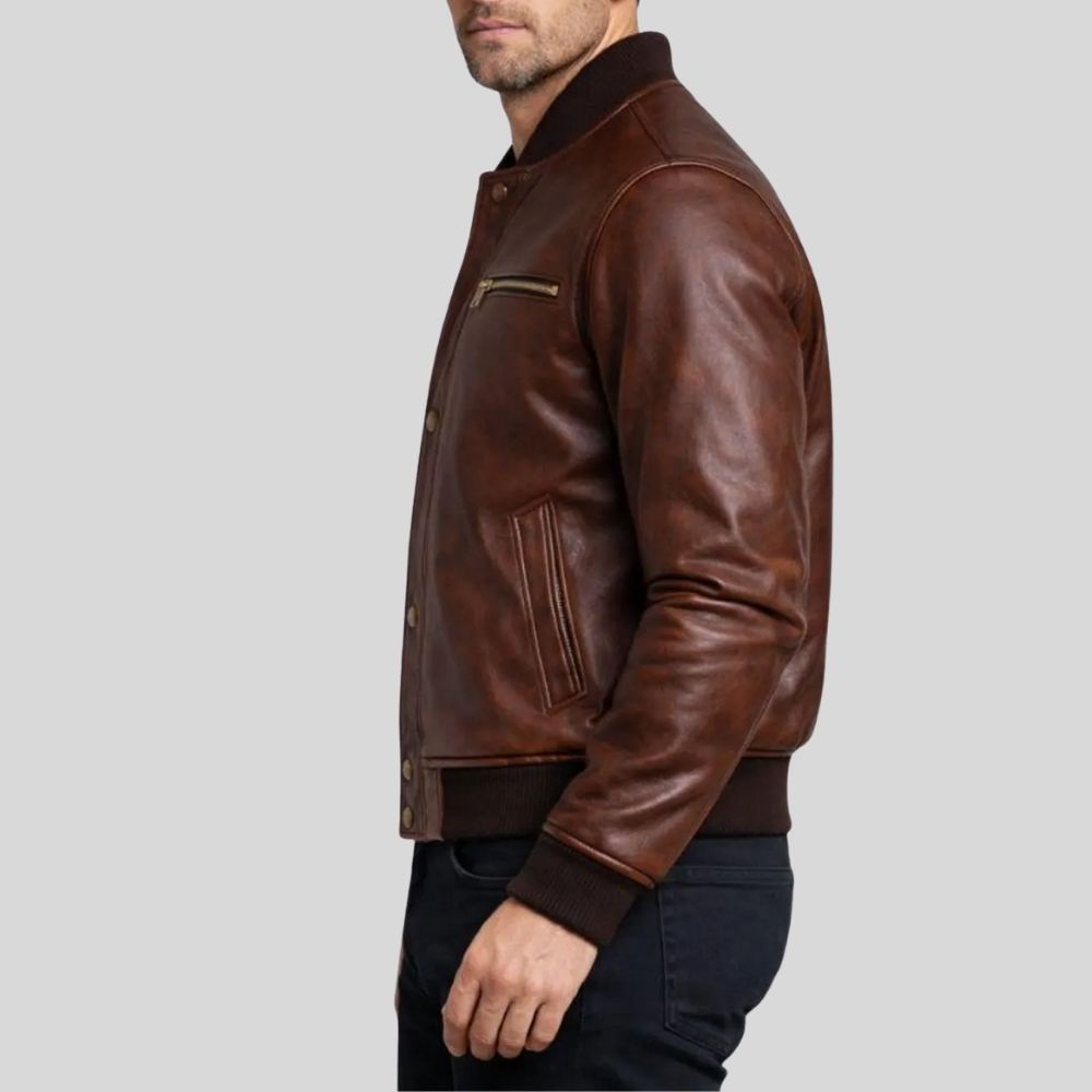 Herren Lederjacke Vintage Bomberjacke Braun – Distressed Optik