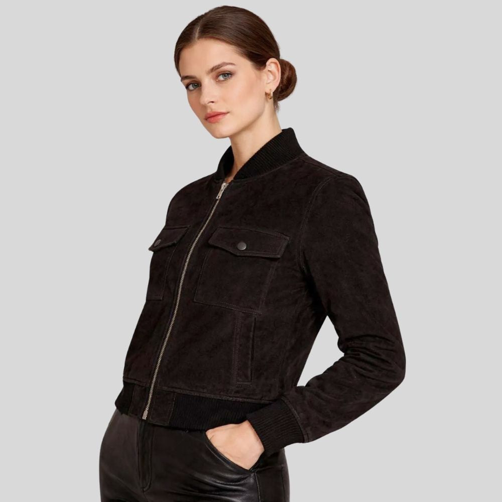 Damen Goatsuede Bomberjacke Schwarz Cropped Fit Elegant – NoirMuse