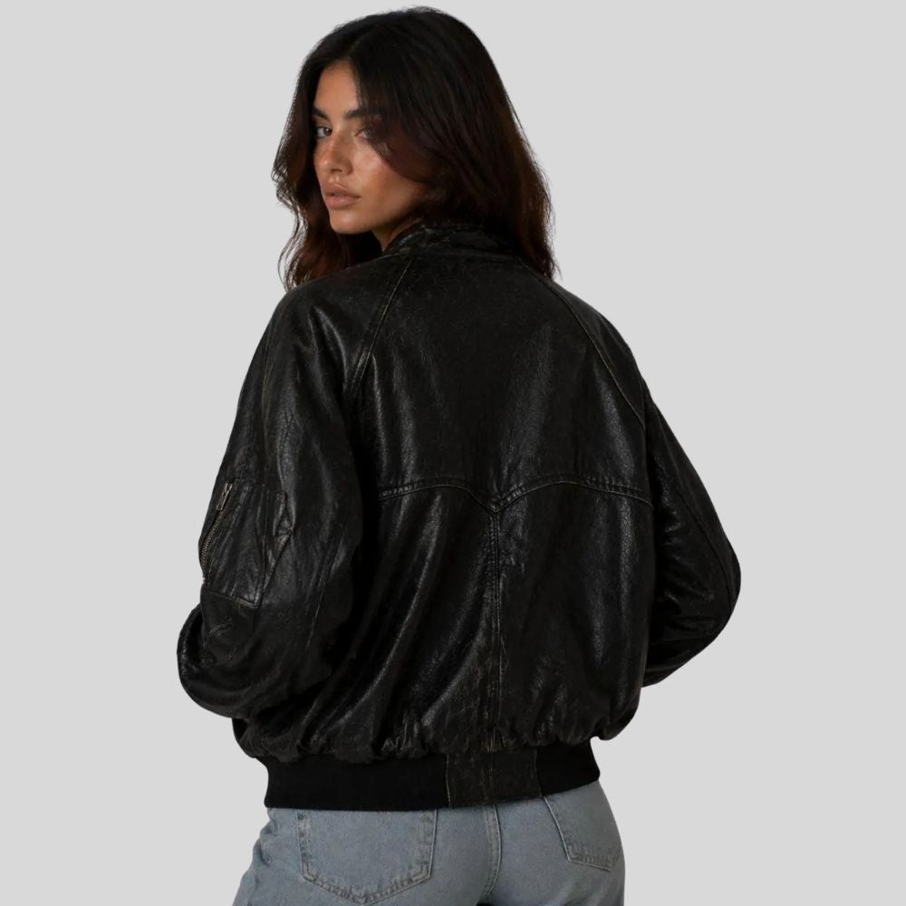Damen Sheepskin Leder Bomberjacke Schwarz Oversized Fit – NoirAero