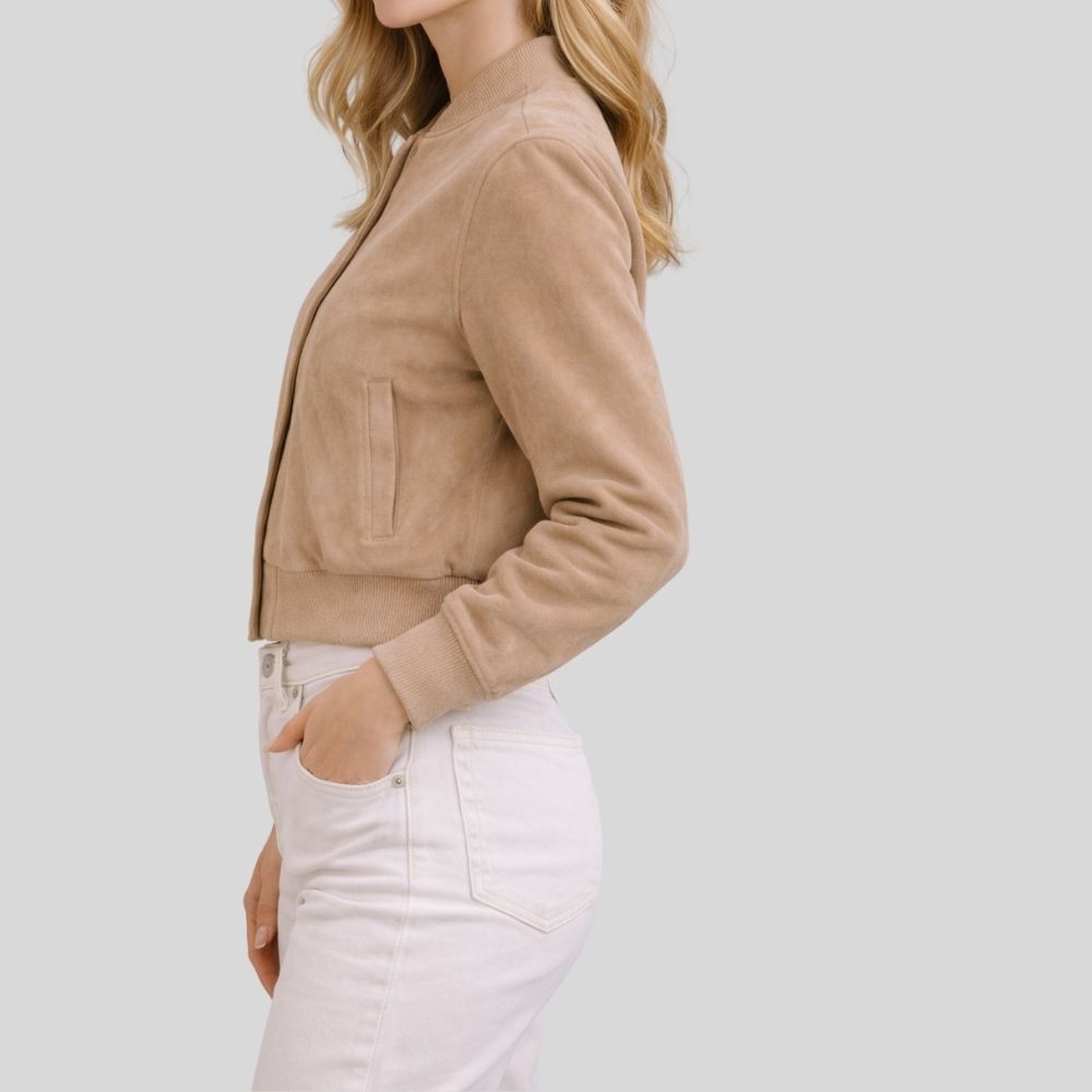 Damen Beige Goatsuede Bomberjacke – Slim Fit Luna Soft