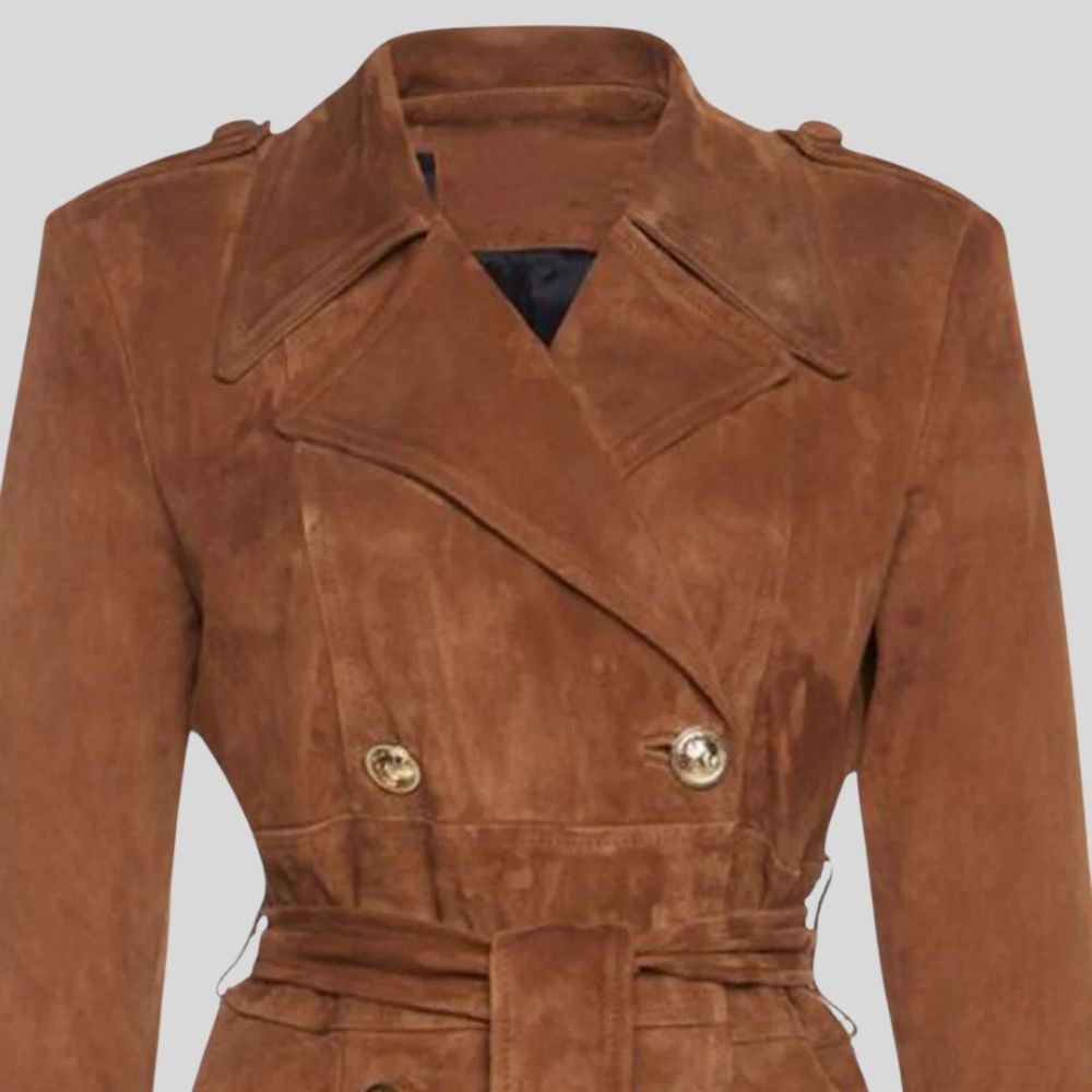 Damen Goatsuede Trenchcoat Cognac Braun – Longline Double Breasted Tailored Fit Wildledermantel