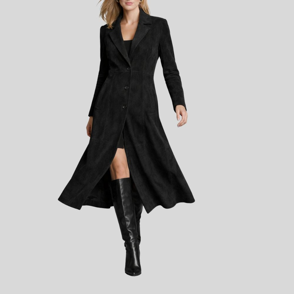 Damen Goatsuede Trenchcoat Schwarz – Longline Tailored Fit Wildledermantel