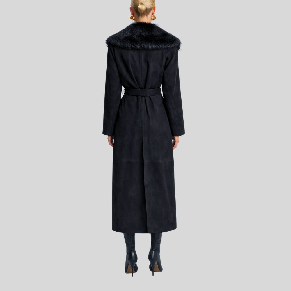 Damen Schwarzer Goatsuede Mantel mit Fellkragen – Veloura