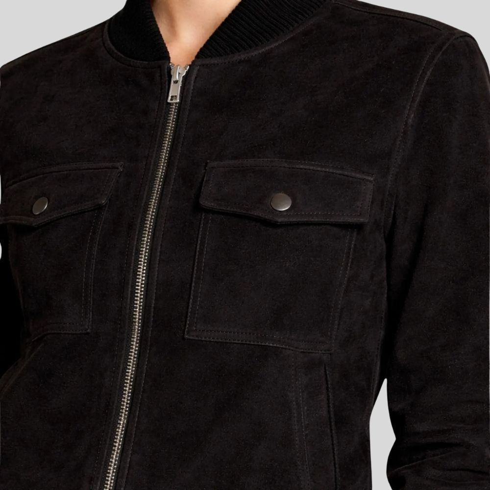 Damen Goatsuede Bomberjacke Schwarz Cropped Fit Elegant – NoirMuse