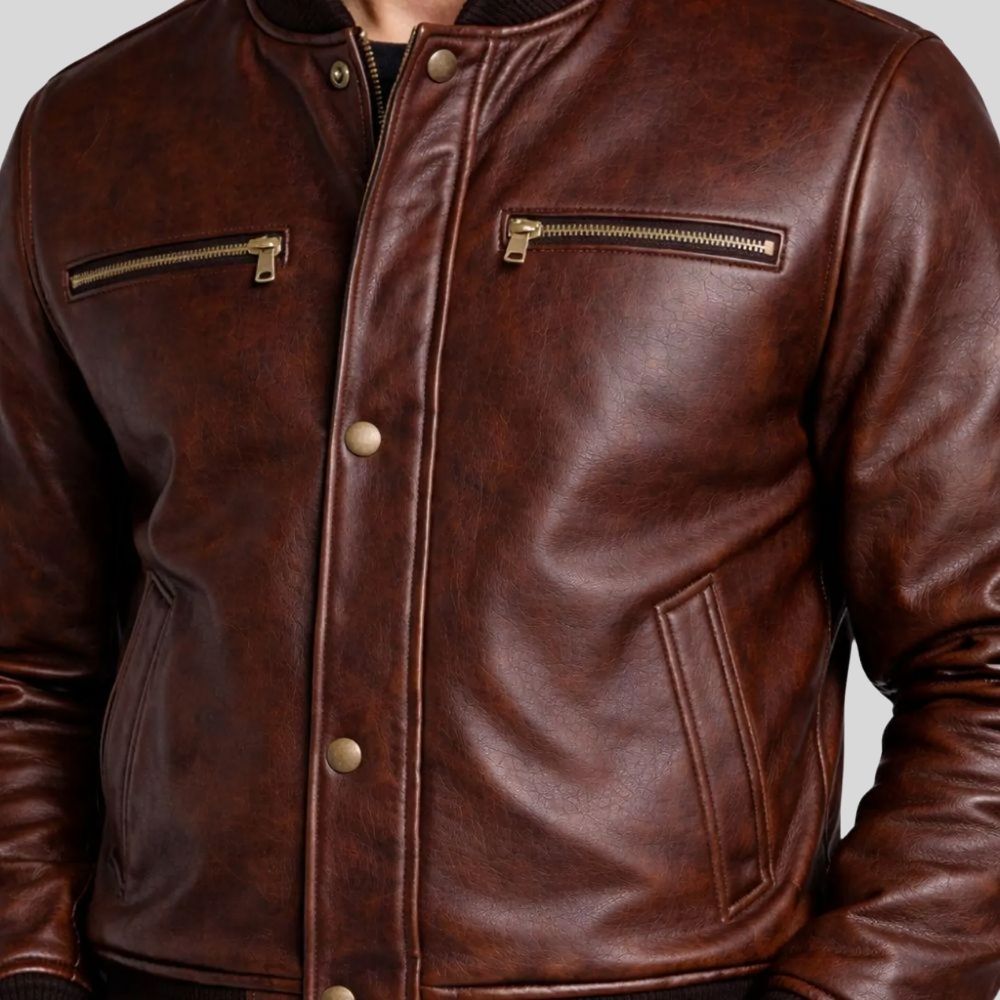 Herren Lederjacke Vintage Bomberjacke Braun – Distressed Optik