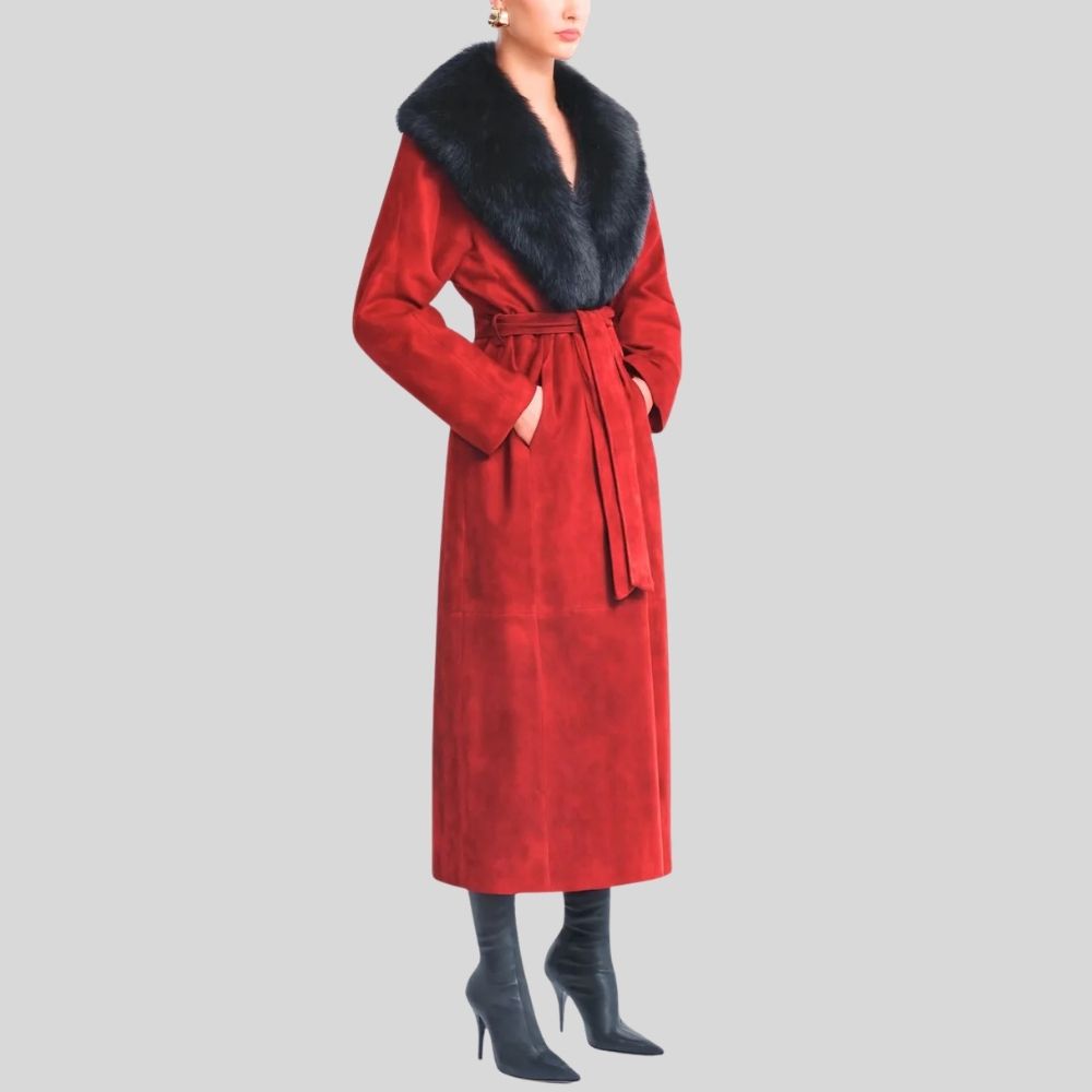Damen Goatsuede Mantel Rot – Longline Wintermantel mit Faux Fur Kragen