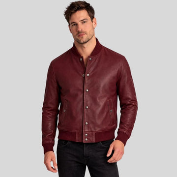 Herren Lederjacke Bomberjacke Bordeaux – Rippbündchen Design