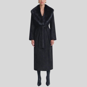 Damen Goatsuede Mantel Schwarz – Longline Wintermantel mit Faux Fur Kragen