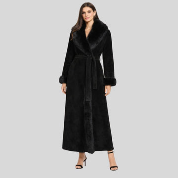 Damen Goatsuede Mantel Schwarz Lang mit Fellkragen – NoirVel Luxe