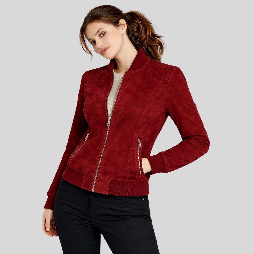 Damen Goatsuede Biker Bomberjacke Rot Slim Fit Modern – ScarletEdge