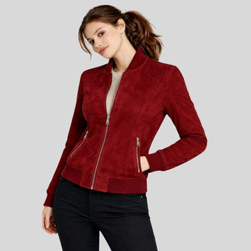 Damen Goatsuede Biker Bomberjacke Rot Slim Fit Modern – ScarletEdge
