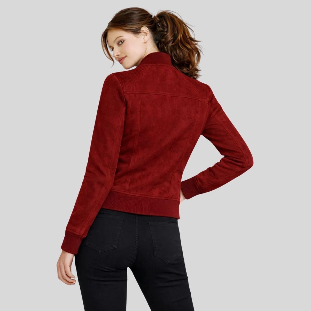 Damen Goatsuede Biker Bomberjacke Rot Slim Fit Modern – ScarletEdge