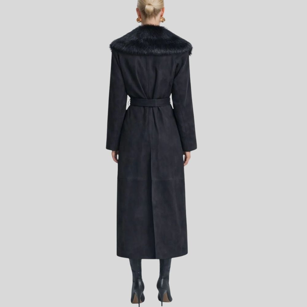 Damen Goatsuede Mantel Schwarz – Longline Wintermantel mit Faux Fur Kragen