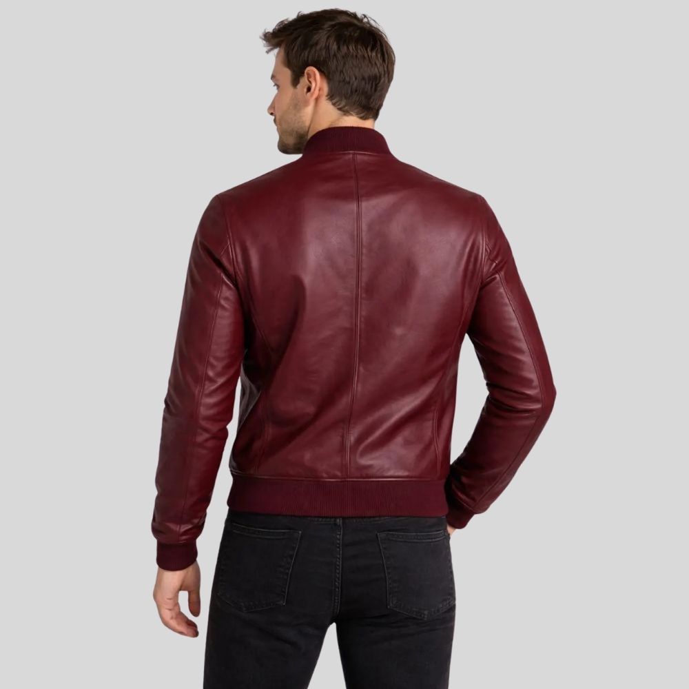 Herren Lederjacke Bomberjacke Bordeaux – Rippbündchen Design