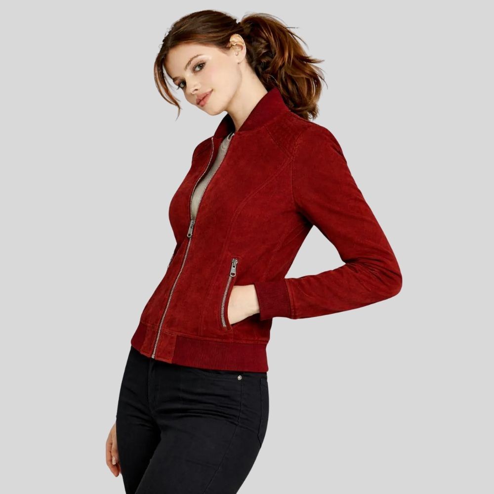 Damen Goatsuede Biker Bomberjacke Rot Slim Fit Modern – ScarletEdge