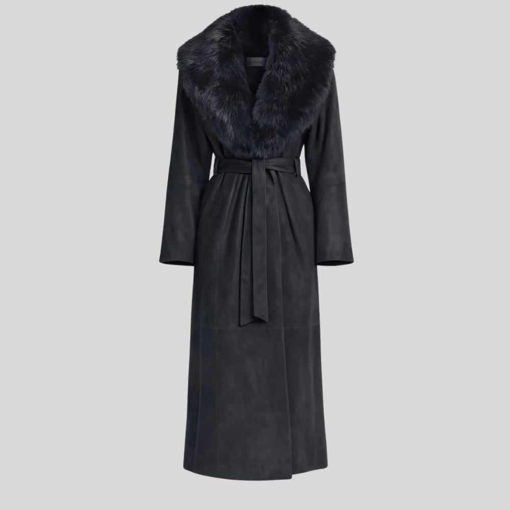 Damen Goatsuede Mantel Schwarz – Longline Wintermantel mit Faux Fur Kragen