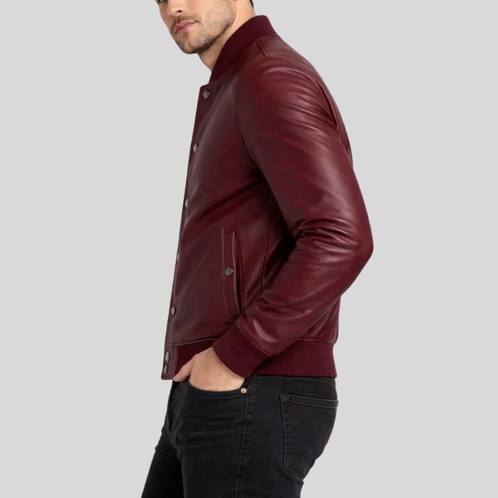 Herren Lederjacke Bomberjacke Bordeaux – Rippbündchen Design