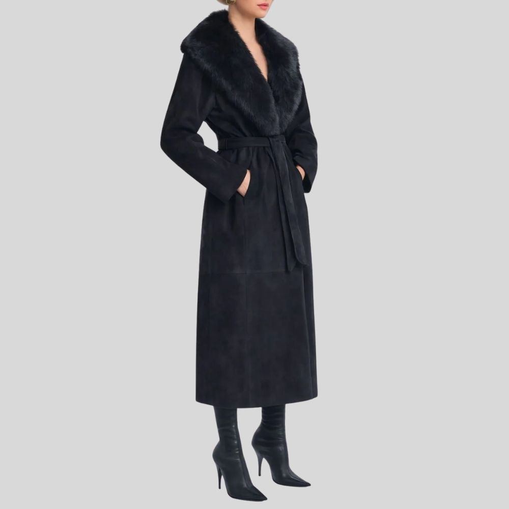 Damen Goatsuede Mantel Schwarz – Longline Wintermantel mit Faux Fur Kragen