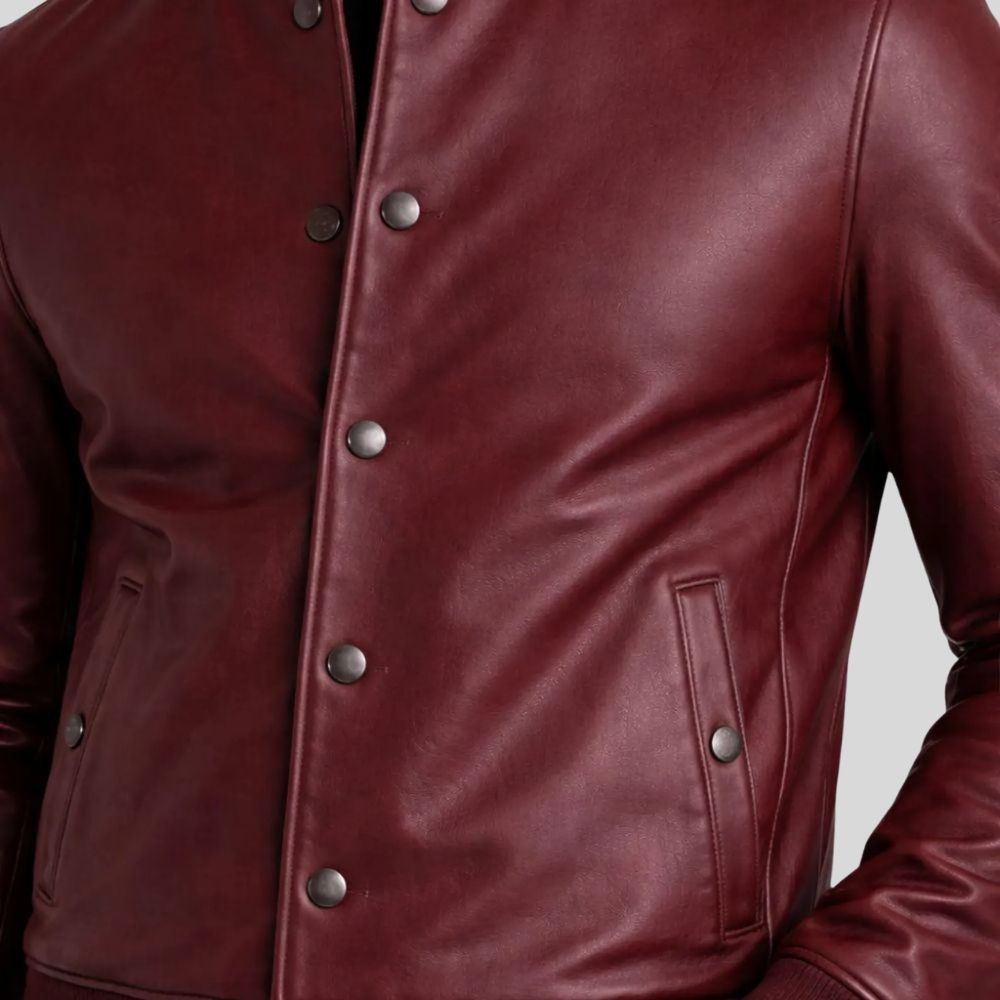 Herren Lederjacke Bomberjacke Bordeaux – Rippbündchen Design