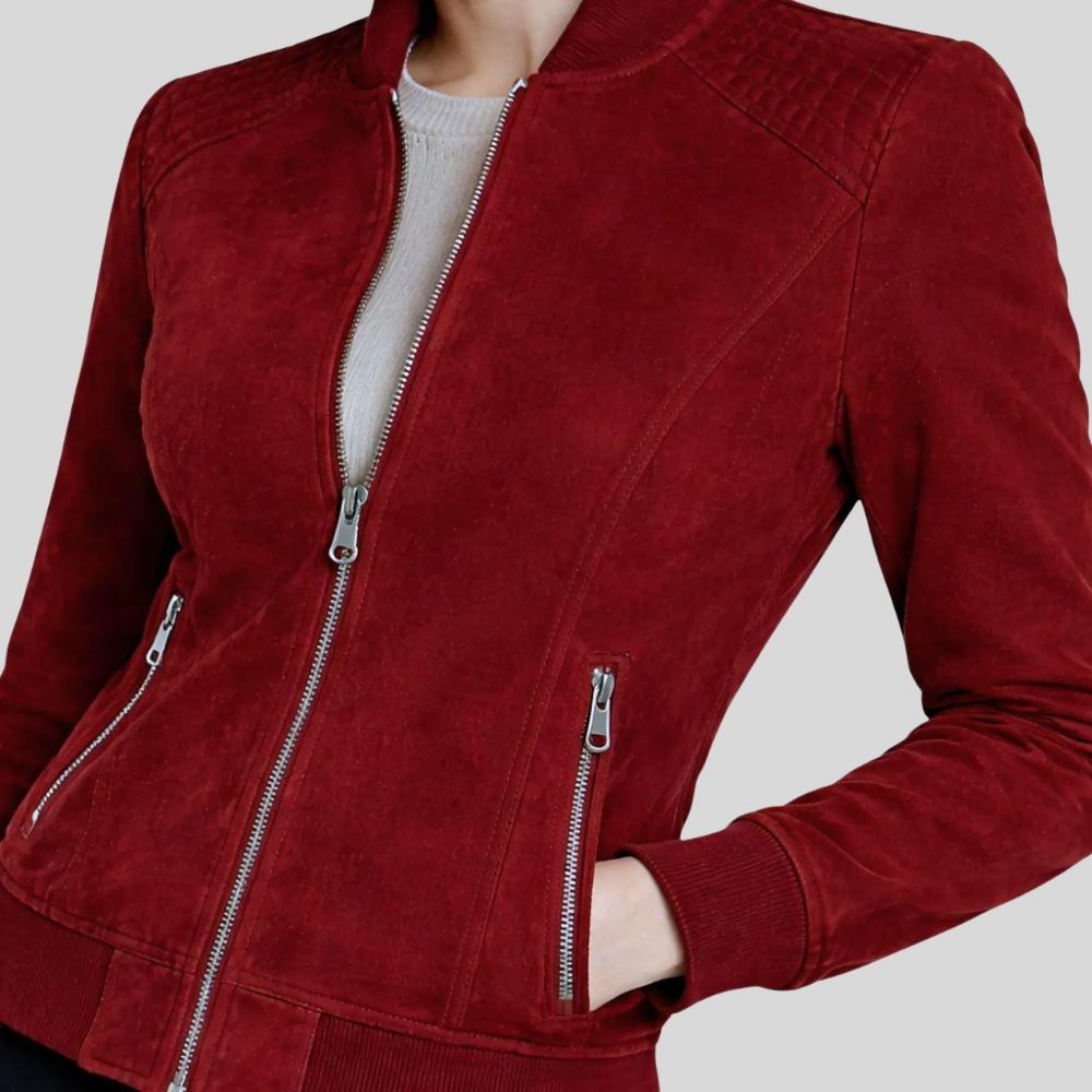 Damen Goatsuede Biker Bomberjacke Rot Slim Fit Modern – ScarletEdge