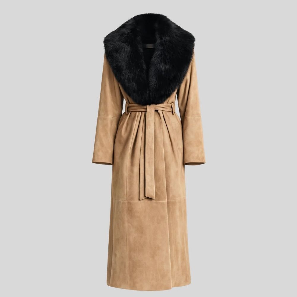 Damen Goatsuede Mantel Camel – Oversized Longline Mantel mit Faux Fur Kragen