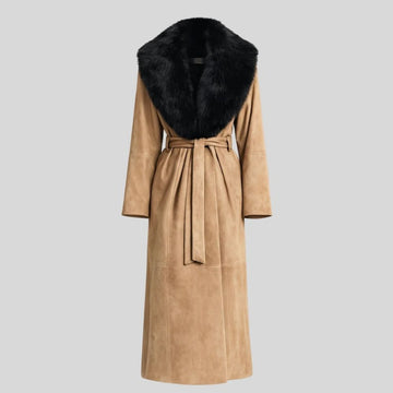 Damen Goatsuede Mantel Camel – Oversized Longline Mantel mit Faux Fur Kragen