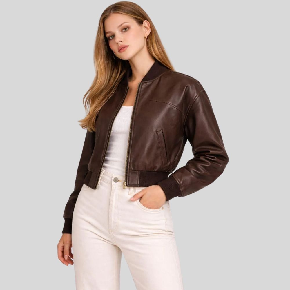 Damen Sheepskin Leder Bomberjacke Dunkelbraun – Cropped Tailored Fit Jacket