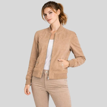 Damen Goatsuede Bomberjacke Beige Slim Fit Elegant – SandAura